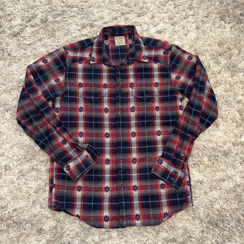 Lucky Brand Mens Plaid Flannel Shirt Red Blue Southwestern Woven Motif Medium